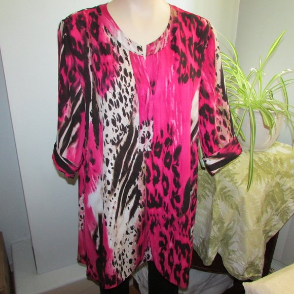 Zac & Rachel Long Loose Tunic Top Flowy Blouse Shirt Pink Black Top LG - Picture 10 of 13